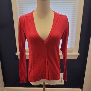 LOFT Red V-Neck Button-Up Cardigan